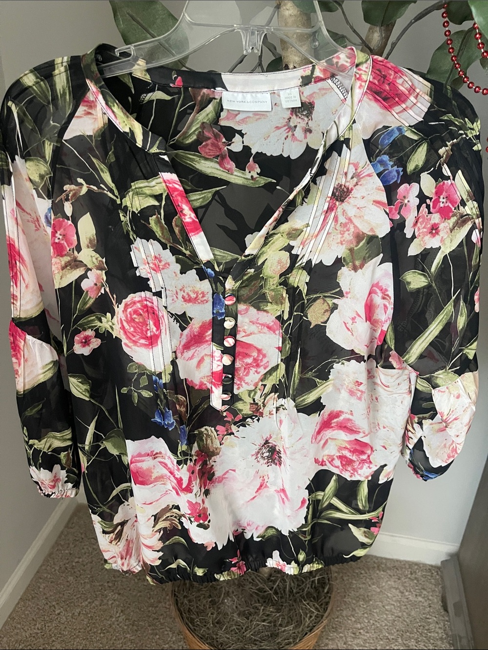 New York & Company Black Floral V-Neck Blouse with Pink Accents
